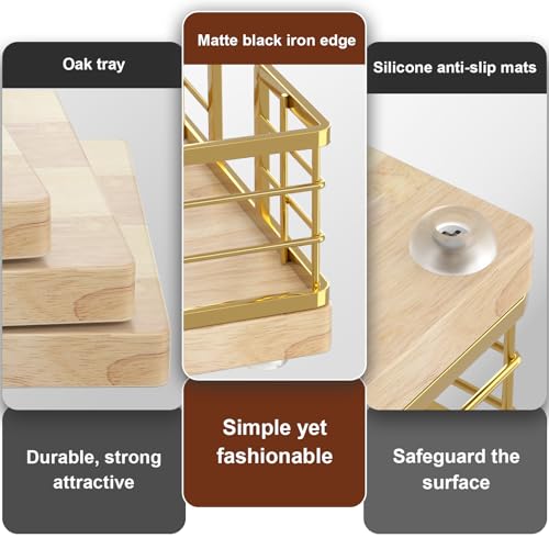 Guest Towel Holder Tray for Bathroom (Gold/Oak / 9.06 x 5.51 x 2.56 inches)