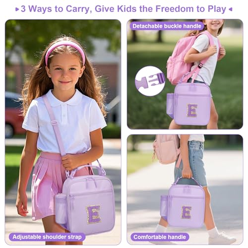 Initial Insulated Lunch Bag for Girls Kids (Purple / E)