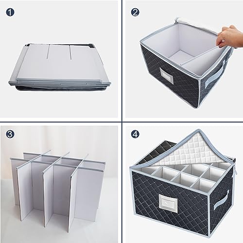 Wine Glass Storage Box with Dividers Holds 24 Stemware Storage Cases or China Crystal Glassware Containers with Handles and Lable Window (Gray / 2 Pack Wine Glass Storage (Gray))