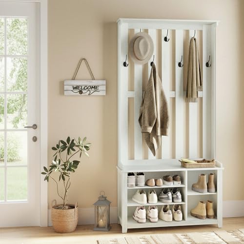 Hall Tree with Bench and Shoe Storage (Rustic White)