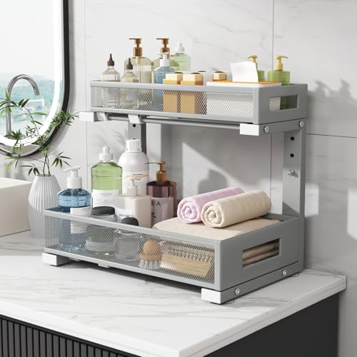 1 Pack-11.4"-16.14" H Under Sink Storage Organizer, Large 2-Tier Elegant Mesh Pull Out Shelf for Kitchen & Bathroom Cabinet Organization, L-Shaped, Adjustable Height-Gun Gray (Gun Gray / 1 Pack-15.74"Dx11.4"-16.14"H)