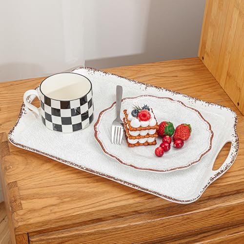 Vintage White Large Serving Tray with Handles (Ivory)