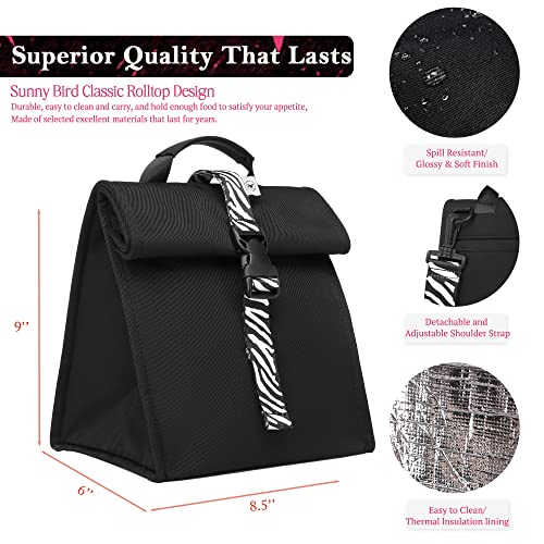 Insulated Lunch Bag Rolltop Lunch Box (Black with white strap)