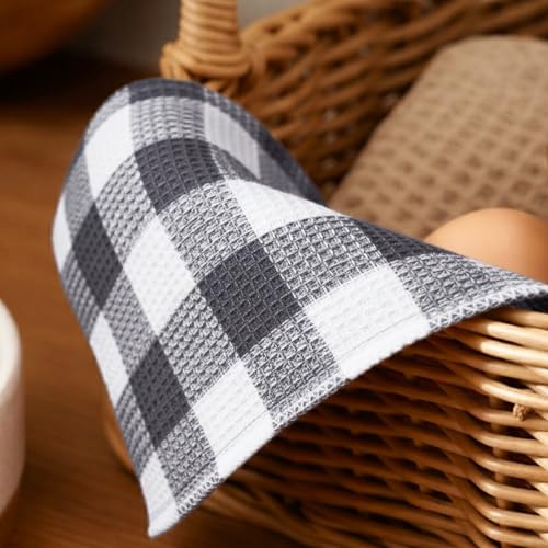 Waffle Weave Plaid Dish Cloth (12 x 12 - 6 Pack / Steel Grey White)
