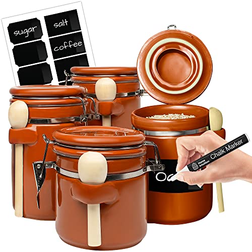 Ceramic Kitchen Canisters Set of 4 with Wooden Spoon Set (Rust)