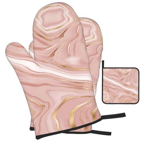 Pink Golden Marble Oven Mitts and Pot Holders Sets of 3 (Pink Gold)