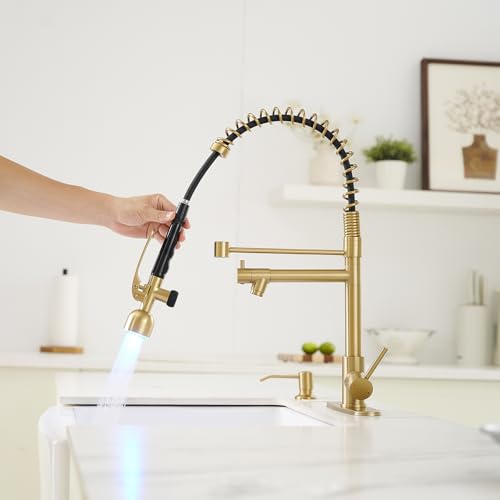 Commercial Kitchen Faucets with Pull Down Sprayer Brushed Gold LED (Gold Brushed)