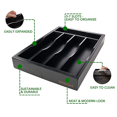 Expandable Bamboo Kitchen Drawer Organizer for Cutlery and Utensils (7 Slots Expandable / Black)