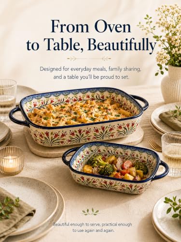 2-Piece Hand-Painted Polish Pottery Style Ceramic Baking Dish Set (Olive Garland)