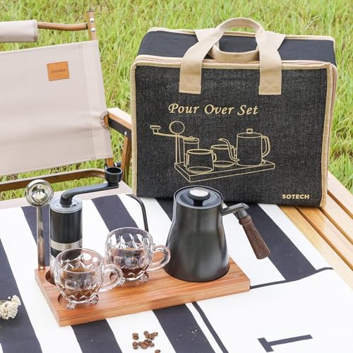 Pour Over Coffee Maker Set Chinese Tea Set Wooden Storage Tray Coffee Dripper Glass Server Coffee Scoop DIY Manual Pour Over Kit Black (Wood Tray Set)