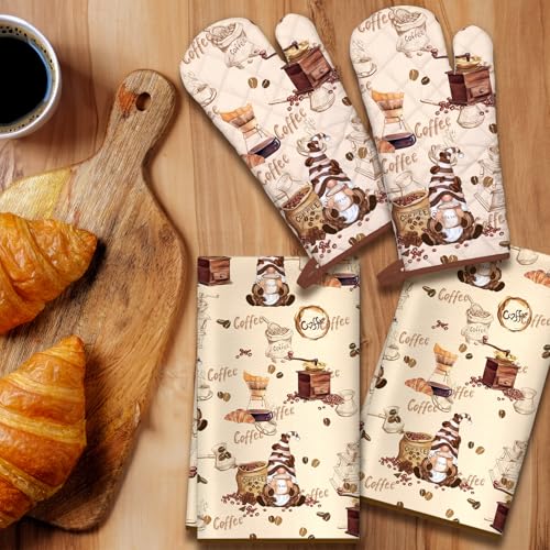 Vintage Coffee Kitchen Towels and Oven Mitts Set 4Pcs (Coffee)