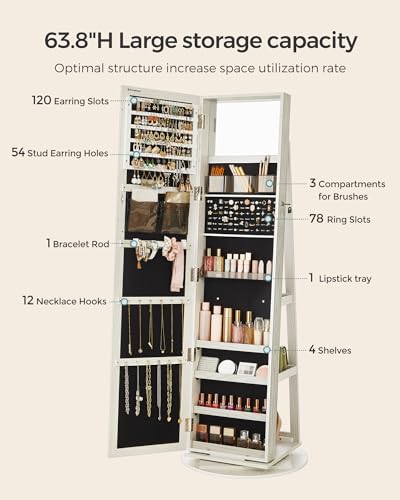 360° Swivel Jewelry Cabinet (White / Framed Mirror, Classic)
