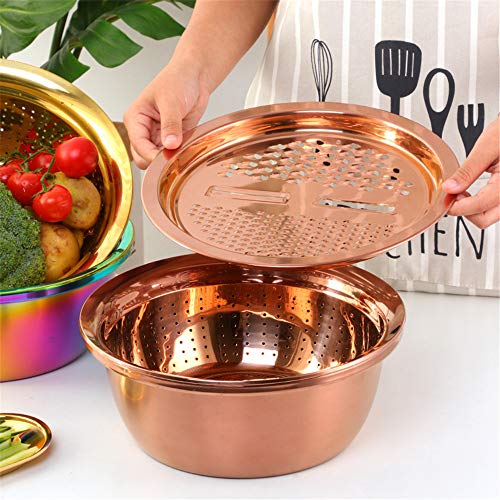 3-In-1 Multifunctional Grater Basin Colander Strainer Set, Mingcheng Stainless Steel Kitchen Grater/Drain Basket/Bottom Basin for Washing Rice, Fruits, Vegetable, Grater with Container (Silver) (Silver)