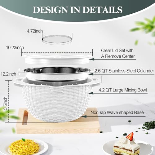 4-in-1 Colander Bowl Set, Patented, 360° Rotatable Kitchen Strainer, White (White)