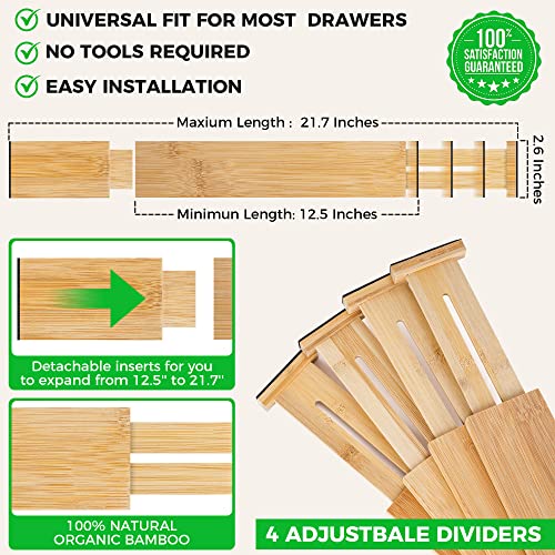 4 Pack Bamboo Drawer Dividers Organizer with Inserts 2.6'' High (Beige / 12.5-21.7 INCH)