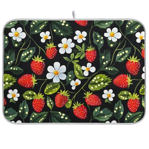 Strawberries White Flowers Dish Drying Mat for Kitchen Counter Absorbent Microfiber Drying Pad (DM10 / 16" x 18")
