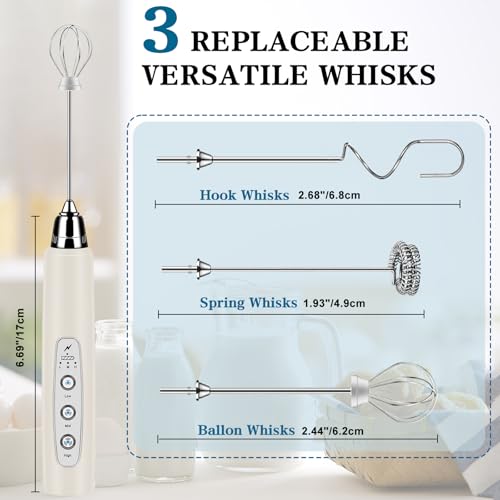 Milk Frother Wand Rechargeable Handheld Whisk Coffee 3 Speed Adjustable (Basic Frother / Beige)