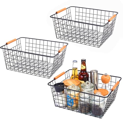 Large black wire baskets with Wooden Handles for storage pantry (New-Black3 / Large)