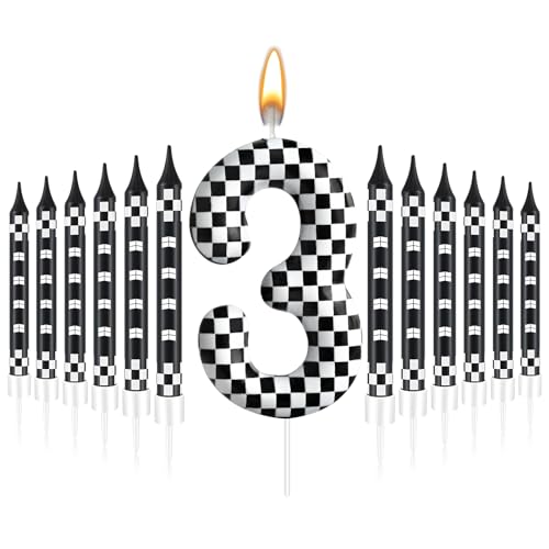 13 Pcs Racing Cars Themed Birthday Candles Black and White Race Number 3 Checkered Candle Cake Topper for Racing Car Party Decoration Supplies (Black+White / 3)