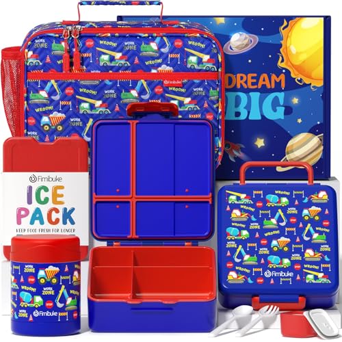 Kids Bento Snack Lunch Box with Thermo Insulated Toddler Lunch Bag (A8.Trucks)