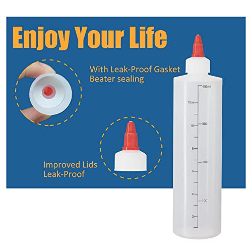 6 Pack 12 oz Graduated Plastic Squeeze Squirt Condiment Bottles ((7) 12 oz(6pack) Red Twist Cap)