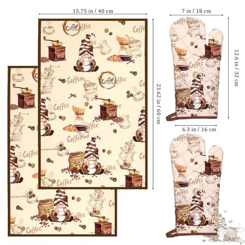 Vintage Coffee Kitchen Towels and Oven Mitts Set 4Pcs (Coffee)