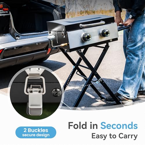 2 Burner BBQ Propane Gas Griddle with Collapsible Stand for Outdoor Cooking (Portable Griddle)