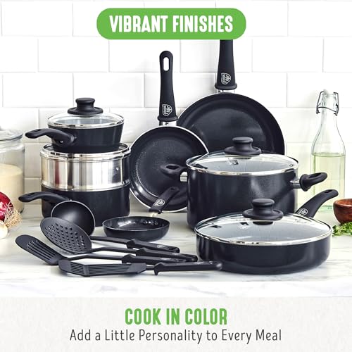 16 Piece Ceramic Nonstick Pots & Pans Cookware Set (16 Piece Cookware Set / Soft Grip / Black)