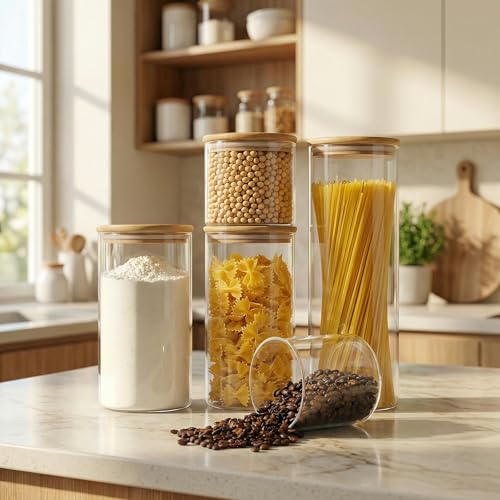 Round Glass Storage Containers with Bamboo Lids for Pasta & Flour (MultiSize 5 Pack)