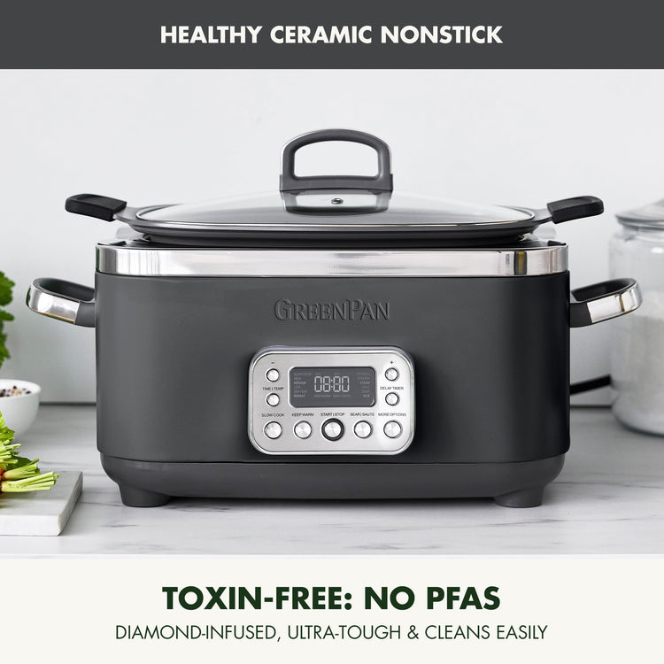 Elite 14-in-1 Nonstick 6QT Electric Slow Cooker, PFAS-Free Ceramic Multi-Cooker, In-Pot Browning, Dishwasher Safe Lid & Removable Crock, Stainless Steel Steamer, Silicone Handles, Graphite (6 Quarts / Graphite)