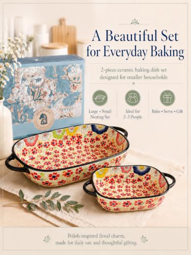 2-Piece Hand-Painted Polish Pottery Style Ceramic Baking Dish Set (Coral Confetti)