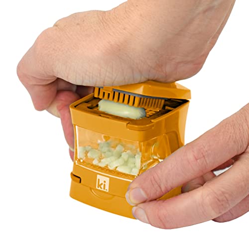 Garlic-A-Peel Garlic Press, Crusher, Cutter, Mincer, and Storage Container - Includes Silicone Garlic Peeler - Easy to Clean - Stainless Steel Blades – (Honey), standard (2.5 x 2.5 x 2.8 / Honey)