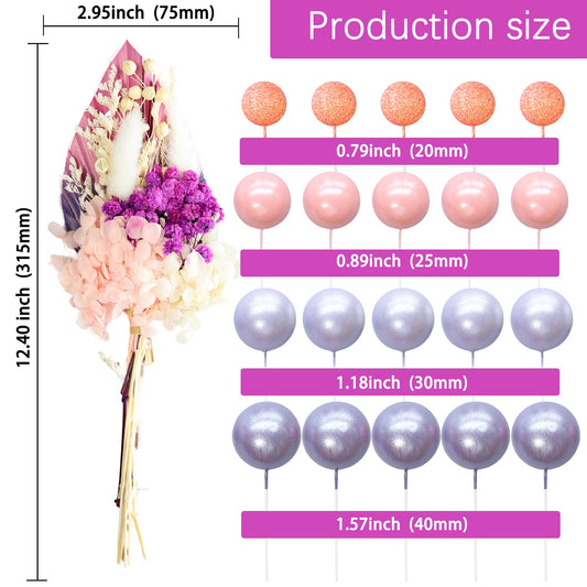21 Pack Flower Boho Cake Topper Ball Cake Decorations Palm Leaves Plants Cake Decor for Girl Bohemian Princess Theme Wedding Baby Shower Birthday Party Supplies Pink Purple (Pink Purple)