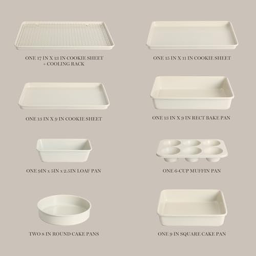 Gallen 10 Piece Baking Pans Ceramic PFA Free Non Toxic Non Stick Bakeware Set (Linen White / 10-Piece Bakeware Set)