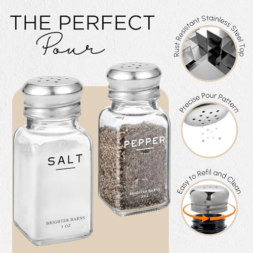 Glass Salt and Pepper Shakers Set with Holder by Brighter Barns (Clear)