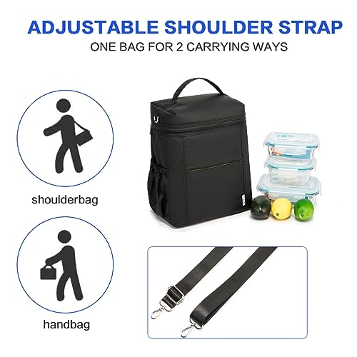 NOL Insulated Lunch Bags for Women Cooler Bag Lightweight Nylon Waterproof Lunch Box for Work (Black / Large (12 Liters))