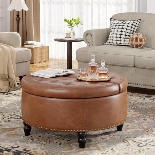 31.5 Inch Large Round Ottoman with Storage Circular (Brown)