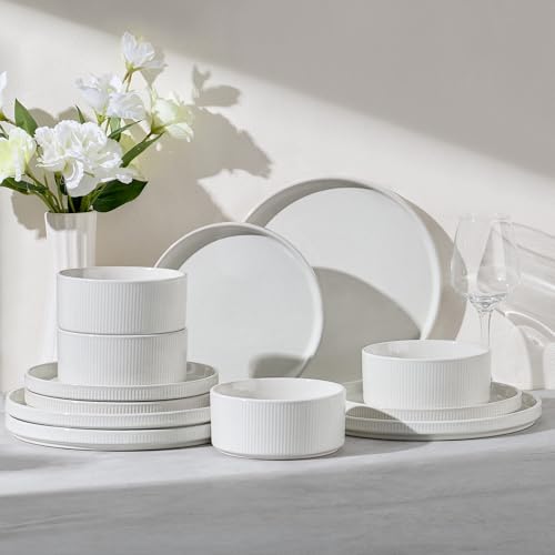 12 Piece Plates and Bowls Sets (Speckled White / 12pcs for 4)