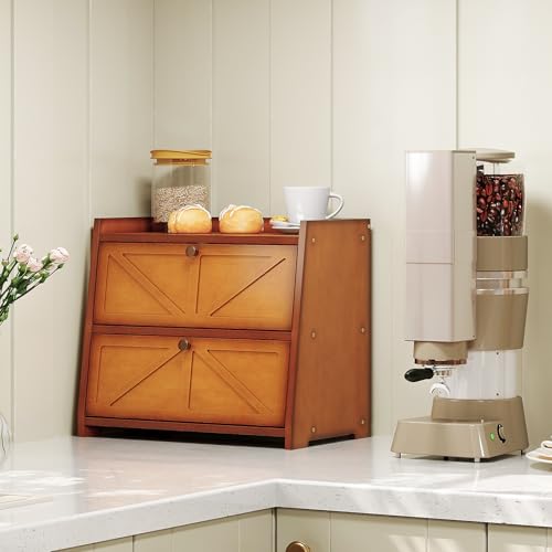 Vintage Double Layer Bread Box for Kitchen Counter Bamboo Bread Storage Container Large Capacity Bread Storage Bin (Antique Brown)