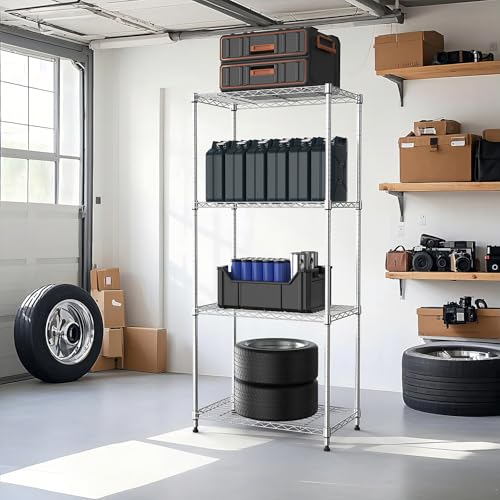 1000 lbs 4Tier Shelf Metal Storage Shelves Wire Rack Closet Organizers with Wheel for Garage Kitchen Bathroom Laundry Chrome 13.7" D x 23.6" W x 53.4" H (4 tiers, 13.7"D x 23.6"W x 53.4"H / Chrome)