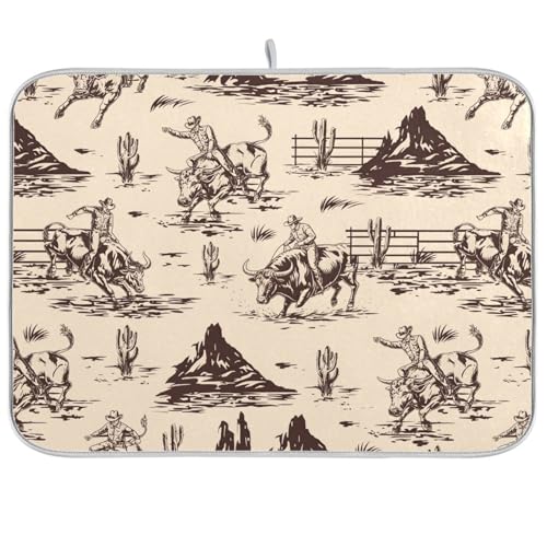 West Cactus Cowboy Dish Drying Mat for Kitchen Counter Absorbent Microfiber Drying Pad (DM13 / 18" x 18")