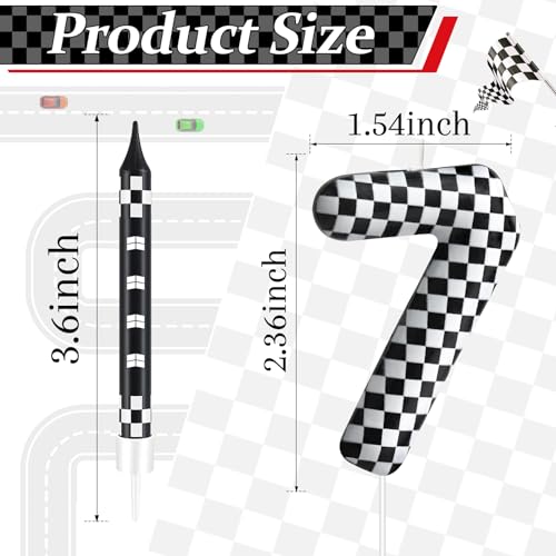 13 Pcs Racing Cars Themed Birthday Candles Black and White Race Number 7 Checkered Candle Cake Topper for Racing Car Party Decoration Supplies (Black+White / 7)