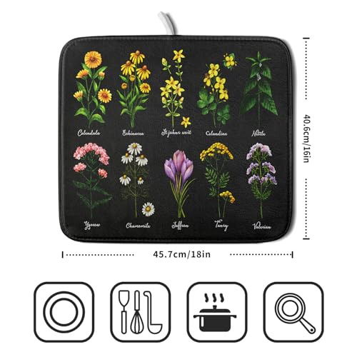 Black Flower Herbs Dish Drying Mat 16x18 Inch Botanical Floral Microfiber Drying Mats with Hanging Loop Foldable Absorbent Dish Drainer Rack Pad (Black Flower Herbs / 16" x 18")