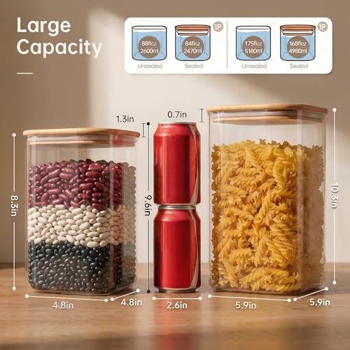 168oz & 84oz Large Glass Storage Containers with Lids for Pantry Storage (Square 168OZ&84OZ Set-2Pack)