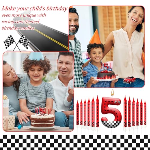 13PCS Racing Car Theme Birthday Candle Set with Checkered Flag Design (Black+White+Red / 5)