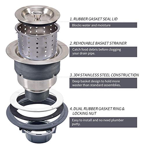 3-1/2 Inch Sink Drain Assembly Kit, Removable Deep Sink Strainer Basket with Sink Stopper/Sealing Lid for Home, Kitchen, Stainless Steel (Silver)
