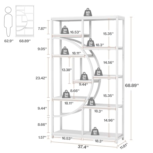 Industrial Bookshelf Bookcase with 9 Open Shelf (White)