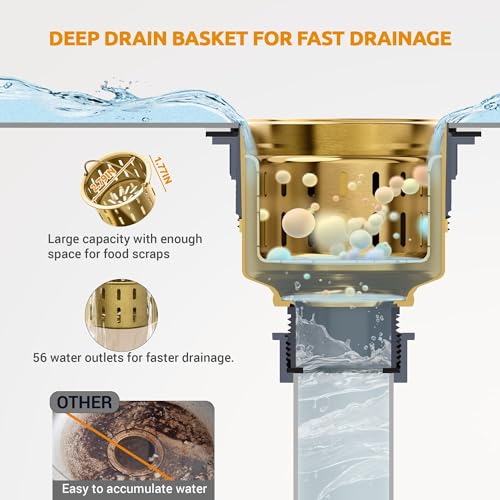 Kitchen Sink Drain Assembly with Removable Deep Basket Strainer (Gold)