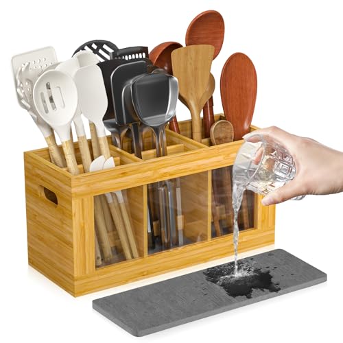 Bamboo Kitchen Utensil Holder with Drying Stone and 6 Compartments (Natural / Medium)