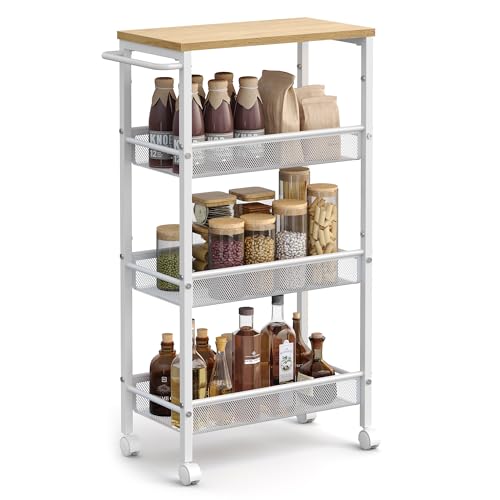 4 Tier Slim Rolling Storage cart with Wheels (Oak Beige + Classic White / 4 Tiers (8.7"D x 30.3"H))